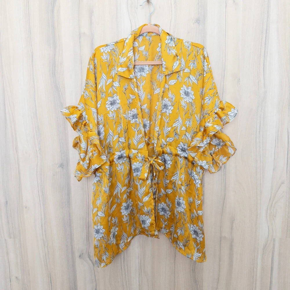 Womens‎ Floral Kimono Coverup One Size Yellow Ruffle Tie Waist Boho Romantic